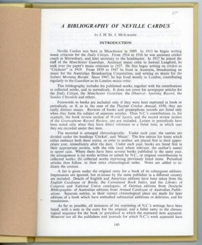 'A Bibliography of Neville Cardus. J.H. St J. McIlwaine. A copy of the series of articles that appeared in Bowen's 'Cricket Quarterly', Vol 2, issues 3 &amp; 4, and Vol 3, issues 1 &amp; 3 of 1964/65. 34pp bound in modern cream cloth with over eight hundr