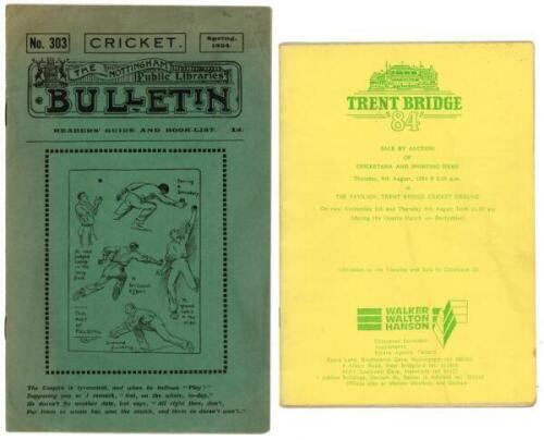 Nottinghamshire cricket booklists. Three booklets including 'The Nottingham Public Libraries Bulletin' no. 303 Spring 1934, listing books on cricket history and technique. Bookplate of A.E. Winder to inside front wrapper. A facsimile copy of pages from th