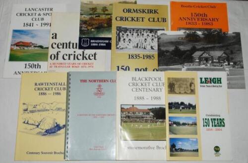 Lancashire cricket club handbooks and histories. Box comprising a good selection of mainly modern Lancashire club and league histories and handbooks, also some Northumberland and others. Lancashire club histories include Accrington, Bacup, Blackpool, Boot