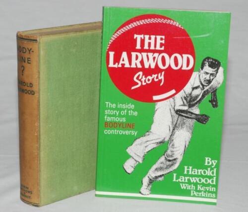 'The Larwood Story'. Harold Larwood &amp; Kevin Perkins. Sydney 1982. Paperback edition. Nicely signed to title page by Larwood. VG. Sold with 'Body-line?', Harold Larwood, London 1933. Original green cloth, some fading to spine. G. Qty 2 - cricket