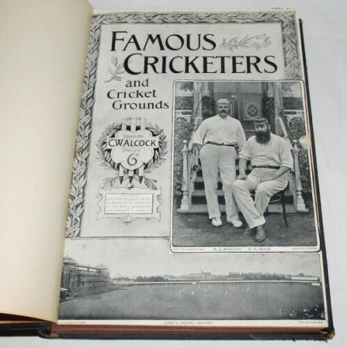 'Famous Cricketers &amp; Cricket Grounds'. C.W. Alcock. London 1895. Bound in black quarter leather with title in gilt to spine, red speckled page edges. Some wear to boards, otherwise in good condition - cricket