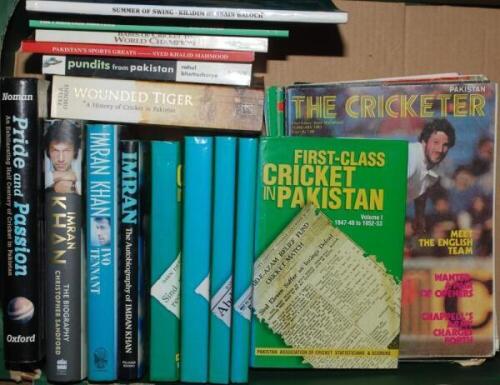 Pakistan books and magazines. Nine hardback titles including 'First-class Cricket in Pakistan', Abid Ali Kazi, Islamabad 1997-2003. Five volumes covering the period 1947/48 to 1974/75. Good dustwrappers. Two biographies of Imran Khan by Ivo Tennant (publi