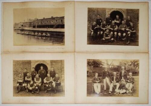 Emmanuel College, Cambridge 1894-1896. Four original sepia photographs of Emmanuel College teams, three of which depict team members seated and standing in rows wearing sporting attire. Teams are the Association Football XI 1894 and 1896, and the Tennis 