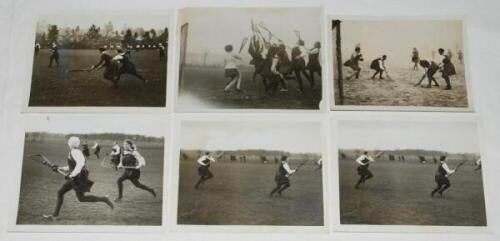 Lacrosse. Six original mono press photographs of ladies playing in lacrosse matches. Annotations and press labels to verso describe a Ladies International trial match at Hampton Wick, an England v Scotland match at Richmond, and Southern v Hertfordshire a