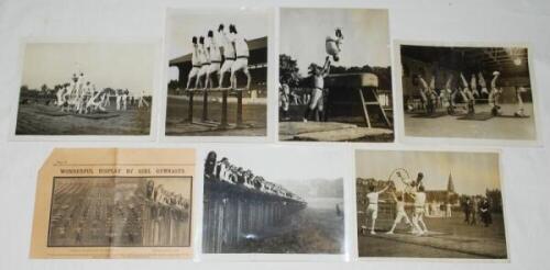 Gymnastics early 1900s. A selection of six original mono press photographs of gymnastics displays given by the Irish Guards at Stamford Bridge, the Army at Aldershot, Amateur Gymnastic Association at Queens Club, Regent Polytechnic at Crystal Palace, and 