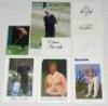 Golf ephemera. Box including a file of ephemera comprising advertising/ promotional cards signed by Sandy Lyle, Bernhard Langer, Ian Woosnam, Nick Faldo, Colin Montgomerie, John Daly, also signatures on white cards of Constantino Rocca, Tom Lehmann, Lee J