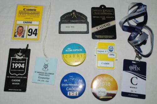 Caddie badges 1984-2015. Four pin badges and four hanging badges for Greater Milwaukee Open 1984, KLM Dutch Open 1987, Johnny Walker World Championship 1993 (plus 'Ernie Els' pin badge), English Open 1994, Buick Open 1994, European Masters, Crans Montana 