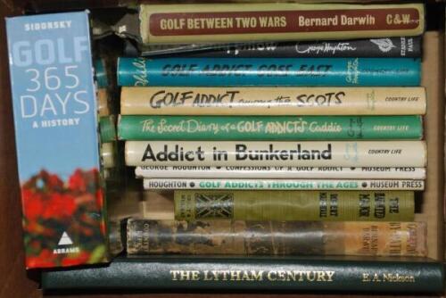 Golf books. Small box comprising sixteen golf related titles, the majority hardbacks, some with dustwrappers. Includes two titles signed by the authors, 'Sussex Golf. The 19th Century Clubs', Patrick Smart, Crowborough 1977, and 'The Lytham Century', Tony