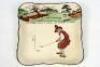 Royal Doulton 'Golfing series' 1911-1932. A square bowl with scalloped edge, decorated in colour with cavalier figures (Charles Crombie) playing golf with inscription 'Give losers leave to speak and winners to laugh'. Colour golf course border to top bord