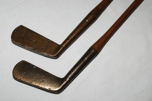 Golf. Two early golf putters. William Tedder brass putter with pain face, stamped to verso 'W. Tedder Bulwell Forest' with flower emblem to centre. Early 1900s. James. B. Halley &amp; Co. brass putter with grooved face and stamped to verso, 'Jas. B. Halle