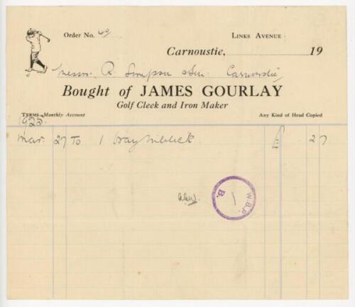 'James Gourlay. Golf Cleek and Iron Maker'. Rare original receipt dated 27th March 1925, issued by Gourlay to Messrs. R. Simpson &amp; Son, Carnoustie, for the sale of a niblick golf club. Light folds, otherwise in good condition - golf