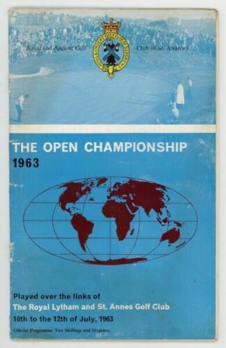 The Open Championship 1963 and 1974. Royal Lytham and St. Annes Golf Club. The 1963 official programme for the tournament held 10th- 12th July 1963. Some wear, rusting to staples, insect damage to rear wrapper and pages, otherwise in fair/ good condition.