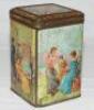 Tennis Victorian biscuit tin c.1880s. Original early square Victorian biscuit tin with colour pictorial panels to the four sides and hinged lid. One panel depicts ladies taking tea with one lady holding a tennis racket with the net in the background. The 