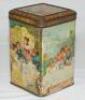 Tennis Victorian biscuit tin c.1880s. Original early square Victorian biscuit tin with colour pictorial panels to the four sides and hinged lid. One panel depicts ladies taking tea with one lady holding a tennis racket with the net in the background. The - 2