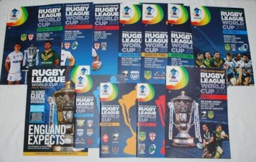 Rugby League World Cup 2013. A collection of thirteen official programmes for the 2013 World Cup tournament held in England, Wales, France and Ireland. Programmes are Official Preview Guide, Group A, Group B, Groups C &amp; D, Opening Ceremony/ Australia 