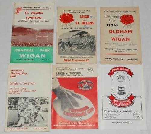 Rugby League. Lancashire County Cup programmes 1959-1984. Six official programmes for Finals played including St. Helens v Swinton 1960, Leigh v St. Helens 1963, Oldham v Wigan 1966, Leigh v Swinton 1969, Leigh v Widnes 1981, St. Helens v Wigan 1984. Also