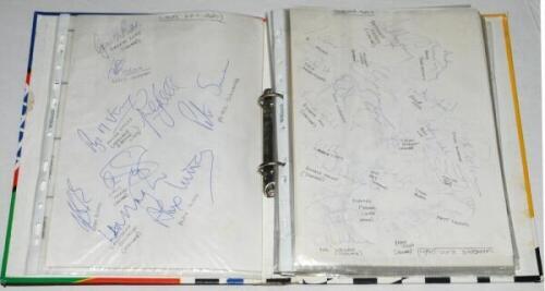 Rugby Union signatures and photographs. File comprising a good selection of signed large pages, colour press photographs, postcards, and the odd unsigned programme. Signatures on pages include Wasps, eighteen signatures on two pages, including Gareth Rees