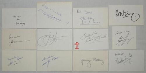 Rugby union signatures 1970s-2000s. A selection of seventy five white cards, each individually signed by a rugby international. Signatures include Wade Dooley, Roger Uttley, Steve Smith, Ben Clarke, Andy Gomarsall, Simon Hodgkinson, Rory Underwood (Englan