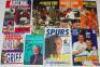 Box of football magazines, books, postcards, magazines, trade cards, stamp albums etc., some signed. Includes three signed books, 'Arsenal 1886-1997', Phil Soar &amp; Martin Tyler 1997, six signatures to front endpaper including Pat Jennings, 'The Glory a