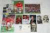 Box of football magazines, books, postcards, magazines, trade cards, stamp albums etc., some signed. Includes three signed books, 'Arsenal 1886-1997', Phil Soar &amp; Martin Tyler 1997, six signatures to front endpaper including Pat Jennings, 'The Glory a - 2