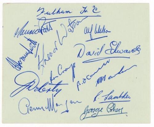 Fulham and Norwich City 1954/55. Album page nicely signed in ink to one side by twelve Fulham players, and to the other by ten of Norwich City. Fulham signatures include Smith, Watson, Wilson, Edwards, Doherty, Lambden, Cohen etc. Norwich signatures inclu