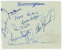 Birmingham City and Rotherham United 1954/55. Album page nicely signed in ink to one side by eleven Birmingham City players, and to the other by eleven of Rotherham United, and dated 4th December 1954. Birmingham City signatures include Hall, Badham, Kins