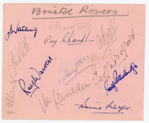 Bristol Rovers and Lincoln City 1954/55. Album page nicely signed in ink and pencil to one side by twelve Bristol Rovers players, and to the other in ink by eleven of Lincoln City. Bristol Rovers signatures in ink are Watling, Warren, Petherbridge and Mey