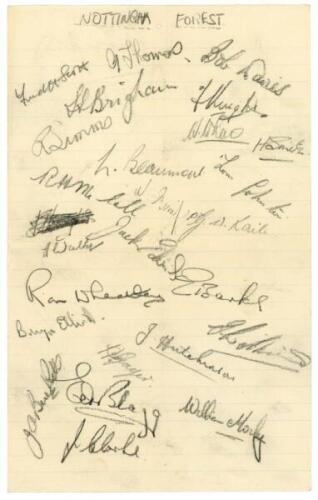 Nottingham Forest F.C. 1946. Page signed in pencil by twenty five Nottingham Forest players. Signatures include Scott, Burkitt, Thomas, Davies, Brigham, Johnston, McCall, Edwards, Walker, Barks, Hutchinson, Morley, Blagg etc. Light folds, otherwise in goo