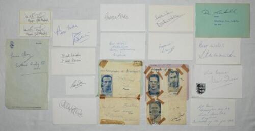 Football autographs 1950s-1980s. Bag comprising over fifty signatures on pages and cards, the majority football, some other sports. Football signatures include Stanley Matthews, Ian Mortensen (Blackpool), Ted Ditchburn, Ron Burgess, Bill Nicholson, Martin