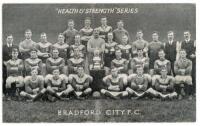 Bradford City F.C. F.A. Cup winners 1910/11. Early original mono postcard of the Bradford City team seated and standing in rows wearing football attire, with the F.A. Cup trophy. 'Health &amp; Strength' series. Postally unused. VG - football