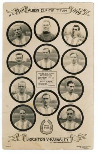 'B&amp;H [Brighton &amp; Hove] Albion Cup-Tie Team 1924. Brighton v Barnsley'. Sepia real photograph postcard with head and shoulder cameo images of the eleven members of the Brighton team for the F.A. Cup first round replay played at Brighton, 16th Janua