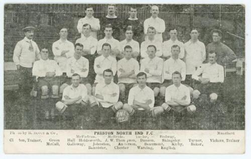 Preston North End F.C. 1911/12. Early original mono postcard of the Preston North End team seated and standing in rows wearing football attire. Printed titles and players' names to lower border. R. Scott &amp; Co., Manchester. Postally unused. VG - footba