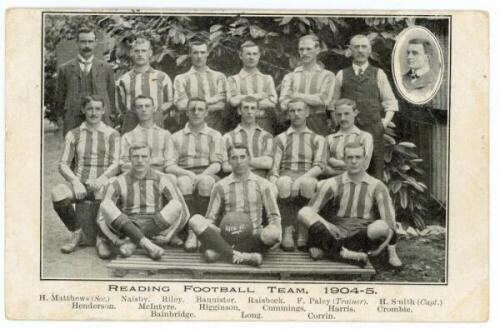 Reading F.C. 1904/05. Scarce early original mono postcard of the Reading team seated and standing in rows wearing football attire. Publisher unknown. Postmarked 27th December 1904. Light creasing, otherwise in good condition - football