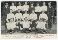 Wolverhampton Wanderers F.C. 1907/08. Early original mono postcard of the Wolves team seated and standing in rows wearing football attire. Players' names printed to lower border. Publisher unknown. Postally unused. VG - football