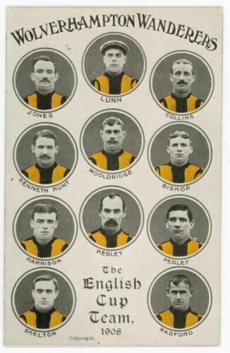 Wolverhampton Wanderers F.C. 'The English Cup Team 1908'. Early original colour chromolithograph postcard of the Wolves team, with the players each depicted in cameo in their black and gold colours. Players' names printed below each image. 'Wulframa' Seri