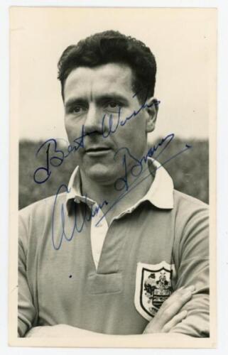 Allan Duncan Brown. Blackpool, Luton Town etc. &amp; Scotland 1944-1966. Excellent original mono real photograph plain back postcard of Brown, head and shoulders, wearing football attire. Nicely signed in blue ink to the photograph by Brown. Publisher unk