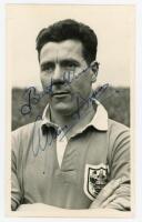 Allan Duncan Brown. Blackpool, Luton Town etc. &amp; Scotland 1944-1966. Excellent original mono real photograph plain back postcard of Brown, head and shoulders, wearing football attire. Nicely signed in blue ink to the photograph by Brown. Publisher unk