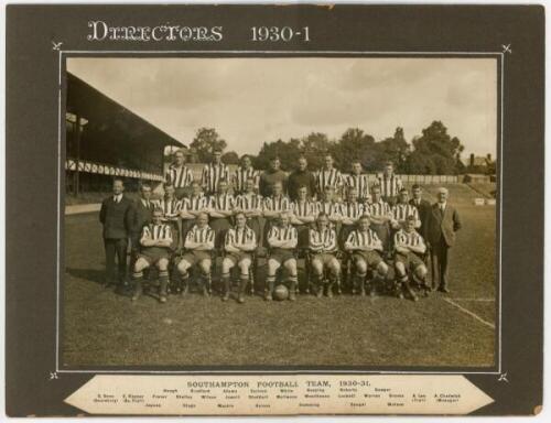 Southampton F.C. 1930/31. Official mono photograph of the team and officials, seated and standing in rows. Players featured include Shelley, McIlwane, Woodhouse, Luckett, Hough, Bradford, Adams, Scriven, White, Keeping, Roberts etc. The photograph, probab