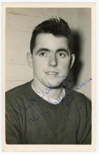 Alan Hodgkinson. Sheffield United &amp; England 1954-1971. Mono post card size real photograph of Hodgkinson, head and shoulders, wearing football attire. Signed in blue ink to the photograph by Hodgkinson. Stamp for A. Wilkes &amp; Son, West Bromwich to 