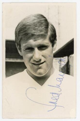 Frederick 'Fred' Callaghan. Fulham 1964-1974. Mono Fulham F.C. Supporters Club post card size real photograph of Callaghan, head and shoulders, wearing football attire. Signed in blue ink to the photograph by Callaghan. Stamp for Fulham F.C. Supporters Cl