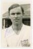 John Dempsey. Fulham, Chelsea etc. 1964-1984. Mono Fulham F.C. Supporters Club post card size real photograph of Dempsey, head and shoulders, wearing Fulham shirt. Signed in blue ink to the photograph by Dempsey. Stamp for Fulham F.C. Supporters Club to v