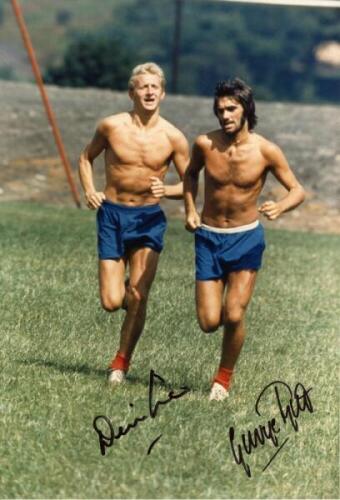 Denis Law and George Best. Manchester United. Colour copy photograph of Law and Best training together dressed in blue shorts and shirtless. The photograph nicely signed in black ink by both players. 8&quot;x11.5&quot;. VG - football