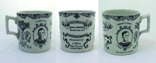 Burnley Football Team. Winners of the English Cup 1913-1914 and English League Champions 1920-1921. A Record:- Played 30 games without defeat'. Commemorative Staffordshire mug produced to commemorate the two feats, with titles in scrolls to the front of t