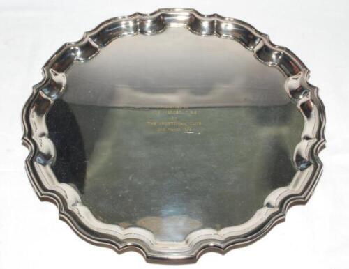 Joe Mercer. A large silver plated salver, with three scrolled feet, presented to Joe Mercer by 'The Sportsman Club' in March 1976. Inscribed to centre 'Presented to Joe Mercer O.B.E. by The Sportsman Club. 2nd March 1976'. The salver made by The Alexander