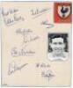 Tottenham Hotspur 1949/50. Page signed in blue ink by nine members of the 1949/50 Spurs team. Signatures are Eddie Baily, Ted Ditchburn, Alf Ramsey, Charlie Withers, Sonny Walters, Bill Nicholson, Len Duquemin, Harry Clarke and Billy Rees. Horizontal and 