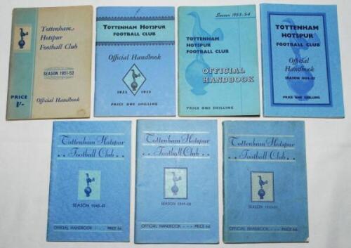 'Tottenham Hotspur Football Club Handbook 1948-1949 to 1954-1955'. Official club handbooks. Original wrappers. Minor wear and age toning to the 1950-51 and 1951-52 Handbooks otherwise in good/very good condition. Qty 7 - football