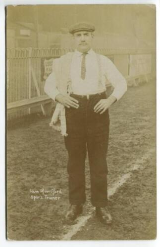 Samuel Mountford. Tottenham Hotspur, trainer circa 1900. Sepia real photograph postcard of Mountford, full length, wearing flat cap with a towel over his shoulder. The postcard appears to be by Jones Brothers of Tottenham. Some slight light fading to the 