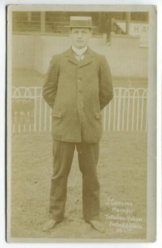 John Cameron. Tottenham Hotspur, Manager 1898-1907. Sepia real photograph postcard of Cameron wearing coat and a straw boater. Jones Brothers of Tottenham. Some slight light fading to the image otherwise in good condition. A rarer postcard - football