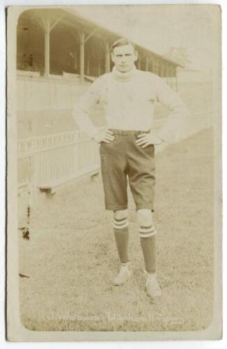 John Giles Whitbourn. Tottenham Hotspur 1905-1908. Sepia real photograph postcard of Whitbourn, full length in Spurs attire. Jones Bros of Tottenham. Some light fading to image otherwise in good condition - footballJohn Whitbourn made eighteen appearances