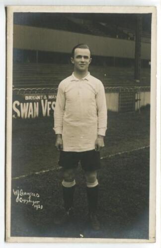 Frederick Ingram Walden. Tottenham Hotspur 1913-1924. Mono real photograph postcard of Walden, full length, in Spurs attire in front of the main stand. W.J. Crawford of Edmonton, 'copyright 1921' to face of card. Postally unused. Very minor silvering to e